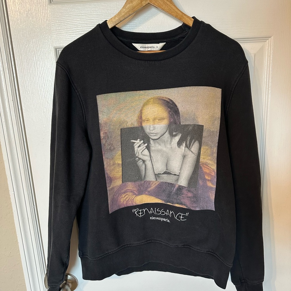 Eleven Paris Men’s Medium Black Graphic Crewneck Sweater Cotton Renaissance Art